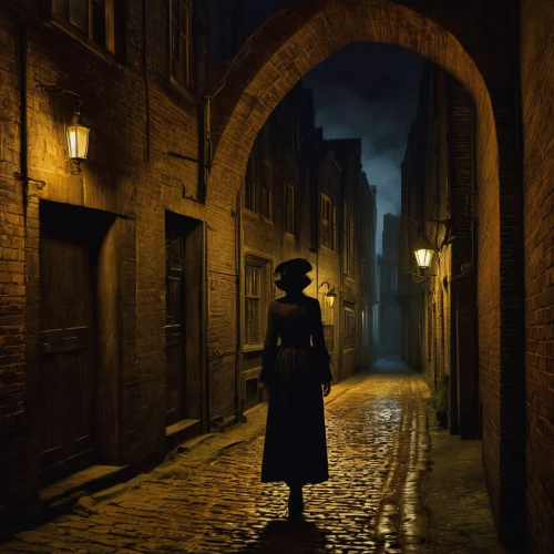 old linden alley,the cobbled streets,sherlock holmes,lamplighter,blind alley,holmes,girl in a historic way,cobblestones,alleyway,thoroughfare,cobblestone,gas lamp,mary poppins,the girl in nightie,girl walking away,medieval street,alley,cordwainer,york,cobbles,Art,Classical Oil Painting,Classical Oil Painting 06
