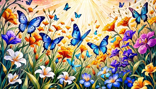 butterfly background,flower painting,blue butterfly background,butterfly floral,springtime background,blue butterflies,flower background,spring background,butterflies,flower meadow,moths and butterflies,rainbow butterflies,splendor of flowers,floral background,crocus flowers,blanket of flowers,ulysses butterfly,tommie crocus,wildflowers,wild tulips,Anime,Anime,General