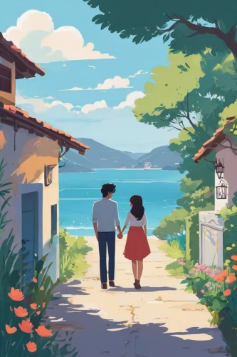 stroll,studio ghibli,hold hands,beach walk,summer day,home or lost,strolling,seaside country,holding hands,summer evening,seaside,going home,grandparents,by the sea,walk,neighbourhood,neighborhood,late summer,promenade,idyllic,Illustration,Japanese style,Japanese Style 06