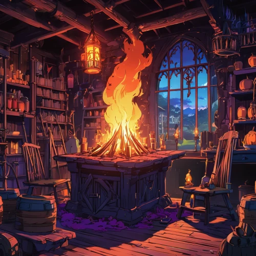 fireplace,book store,bookstore,fireplaces,witch's house,bookshop,apothecary,fire place,hearth,bookshelves,fireside,log fire,candlemaker,cauldron,study room,library,reading room,bookcase,fire background,game illustration,Illustration,Japanese style,Japanese Style 03