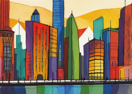 colorful city,city skyline,new york skyline,metropolises,chicago skyline,city scape,cityscape,manhattan skyline,skyline,tall buildings,city buildings,city cities,cities,big city,chicago,international towers,urban towers,construction paper,pudong,sky city,Art,Artistic Painting,Artistic Painting 27
