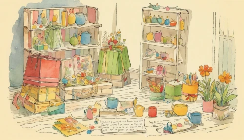 watercolor shops,bookshop,bookshelves,flower shop,watercolor tea shop,bookcase,apothecary,bookstore,book store,flower booth,bookshelf,shelves,pantry,book wall,the little girl's room,watercolor cafe,tea and books,watercolor paris shops,book illustration,books pile,Illustration,Retro,Retro 22