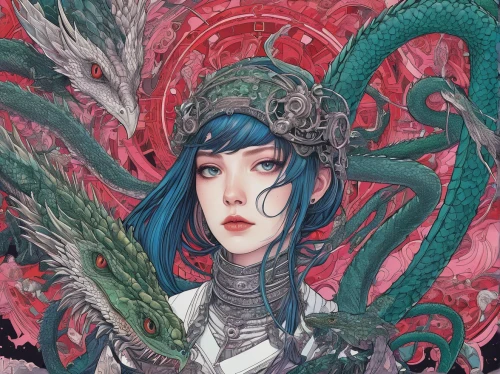 amano,sidonia,detail shot,fantasy portrait,dragon of earth,serpent,wyrm,tentacles,siren,cancer illustration,medusa,digital illustration,water-the sword lily,dragon li,oriental princess,the sea maid,tentacle,yi sun sin,symbiotic,blue snake,Illustration,Abstract Fantasy,Abstract Fantasy 04