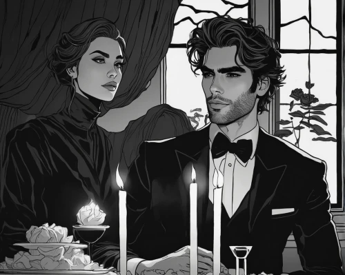 victorian style,silver wedding,wedding icons,victorian,wedding couple,the victorian era,nightshade family,candlelight,dinner party,black candle,romantic portrait,gothic portrait,exclusive banquet,widow,absinthe,vampires,game illustration,book illustration,dark gothic mood,thirteen desserts,Illustration,Black and White,Black and White 12