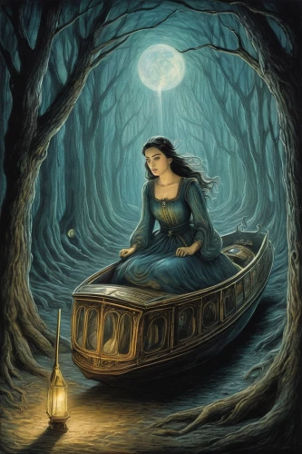 adrift,rusalka,fantasy picture,girl on the boat,tour to the sirens,the enchantress,the night of kupala,mystical portrait of a girl,rowboat,water nymph,canoeing,afloat,fantasy art,light of night,fairy tale,moonbeam,the sea maid,enchanted,children's fairy tale,a fairy tale,Illustration,Black and White,Black and White 23