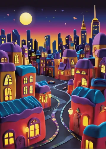 colorful city,city at night,houses clipart,night scene,city scape,fantasy city,city lights,cartoon video game background,christmas town,citylights,aurora village,city skyline,city cities,cityscape,townscape,background vector,row houses,evening city,houses silhouette,city buildings,Unique,3D,Clay