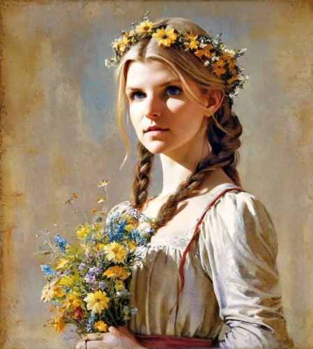 girl in flowers,jessamine,girl picking flowers,beautiful girl with flowers,girl in a wreath,marguerite,young girl,flower girl,portrait of a girl,bouguereau,floral wreath,flower garland,wreath of flowers,holding flowers,girl in the garden,young woman,blooming wreath,fiori,young lady,golden flowers