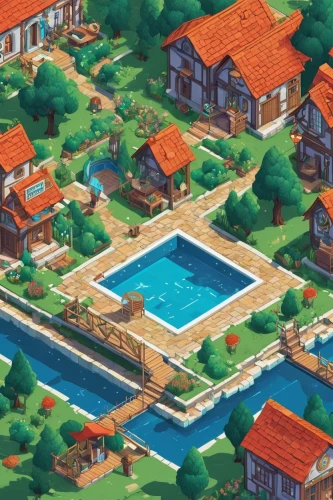resort town,isometric,swimming pool,outdoor pool,dug-out pool,seaside resort,resort,idyllic,swim ring,pool house,pool,pool water,houses clipart,spa town,suburban,escher village,game illustration,villa,private estate,aqua studio,Unique,3D,Isometric