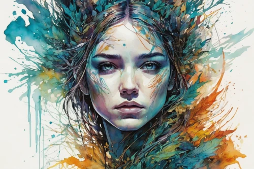 boho art,mystical portrait of a girl,digital art,digital illustration,watercolor pencils,digital artwork,illustrator,dryad,echo,girl portrait,fantasy portrait,splintered,watercolor paint strokes,watercolor blue,digital,aura,flora,siren,head woman,young woman,Illustration,Paper based,Paper Based 13