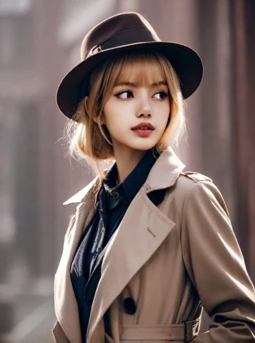 detective,spy visual,girl wearing hat,trench coat,vintage girl,fashionable girl,bowler hat,overcoat,brown hat,leather hat,beret,coat,fashion girl,vintage woman,hat retro,romantic look,fashion doll,retro girl,city ​​portrait,smart look