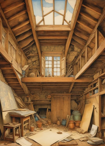 attic,wooden roof,woodwork,wooden construction,loft,attic treasures,wooden beams,abandoned room,wooden house,children's interior,children's bedroom,study room,wooden frame construction,classroom,children's room,wooden houses,under the roof,indoors,straw roofing,wooden floor,Illustration,Retro,Retro 19