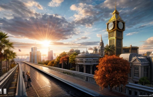 big ben,world digital painting,city scape,city of london,full hd wallpaper,skytrain,sunburst background,london,clock tower,photo manipulation,elevated railway,london underground,the train station,universal exhibition of paris,train station,cairo tower,digital compositing,sky train,tower bridge,bridge new europe,Realistic,Movie,Explosive Laughter