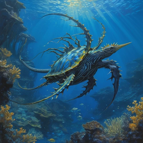 marine reptile,marine animal,sea animal,cuthulu,lissotriton,sea devil,amano,underwater landscape,water creature,sea life underwater,sea-life,sea raven,god of the sea,mergus,underwater world,weedy seadragon,underwater background,undersea,marine life,aquatic life,Illustration,Realistic Fantasy,Realistic Fantasy 03