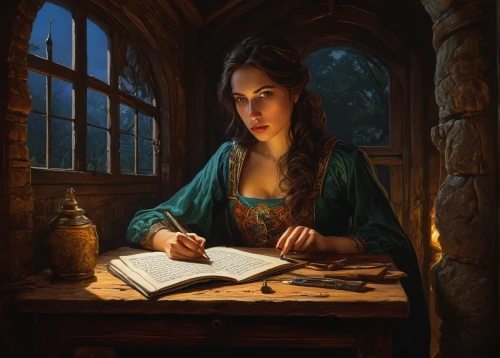 girl studying,fantasy portrait,fantasy art,fantasy picture,mystical portrait of a girl,binding contract,scholar,sci fiction illustration,romantic portrait,meticulous painting,writing-book,candlemaker,merida,tutor,to write,librarian,heroic fantasy,author,learn to write,world digital painting,Illustration,Realistic Fantasy,Realistic Fantasy 22
