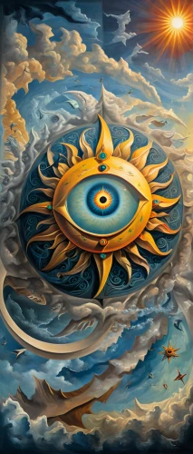 sun eye,3-fold sun,sunburst background,cosmic eye,sun moon,solar plexus chakra,sun god,mantra om,all seeing eye,wind rose,solar wind,reverse sun,sunroot,shamanism,dharma wheel,sun,compass rose,wind finder,skywatch,divination,Illustration,Realistic Fantasy,Realistic Fantasy 40