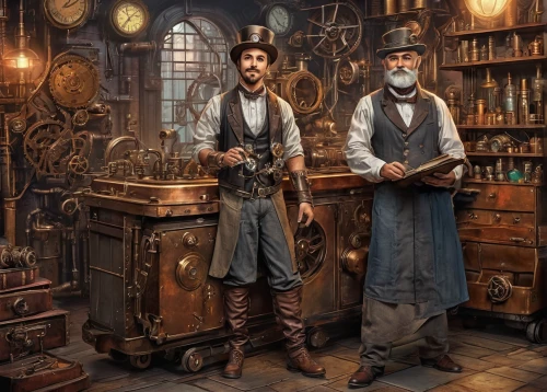 steampunk,apothecary,clockmaker,watchmaker,steampunk gears,craftsmen,merchant,shoemaker,tinsmith,victorian style,shopkeeper,gunsmith,theoretician physician,the victorian era,craftsman,pocket watches,antiquariat,candlemaker,hatmaking,the consignment,Conceptual Art,Fantasy,Fantasy 25