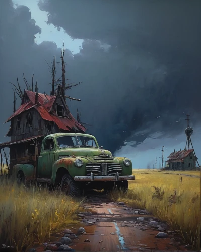 road forgotten,rust truck,rural landscape,station wagon-station wagon,farmstead,post-apocalyptic landscape,pickup-truck,rural,wasteland,prairie,homestead,abandoned car,red barn,gas-station,american frontier,halloween truck,route66,route 66,lonely house,post apocalyptic,Illustration,Realistic Fantasy,Realistic Fantasy 30