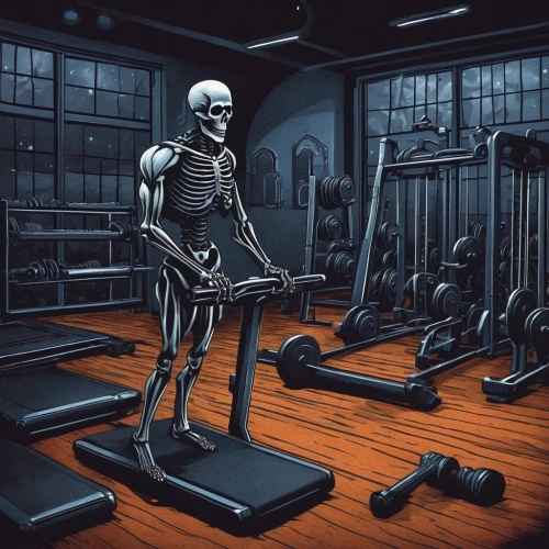 skull rowing,vintage skeleton,deadlift,skeletal,fitness room,skeletons,skeleltt,human skeleton,danse macabre,weight lifting,skeletal structure,powerlifting,treadmill,weightlifting machine,day of the dead skeleton,bodybuilding,workout equipment,exercise machine,fitness center,skeleton,Illustration,Realistic Fantasy,Realistic Fantasy 41