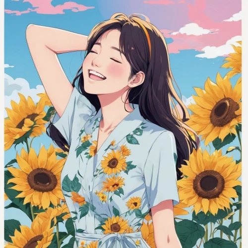 summer flower,flower background,sunflowers,girl in flowers,summer bloom,summer background,summer day,spring background,summer sky,falling flowers,sunflower,sunshine,sunflower field,daisies,cheery-blossom,helianthus,sun flowers,floral background,summer flowers,a girl's smile,Illustration,Japanese style,Japanese Style 04