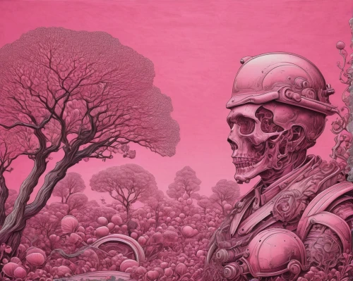 man in pink,pink october,primitive man,radiation,ipê-rosa,cancer illustration,pink background,coral guardian,fukushima,wasteland,pink dawn,gardener,post-apocalyptic landscape,respirator,dead earth,deforested,post-apocalypse,psychedelic art,lost in war,magenta,Illustration,Black and White,Black and White 27