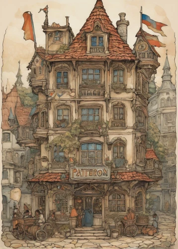 half-timbered houses,half-timbered house,honfleur,escher village,crooked house,delft,hamelin,medieval architecture,half-timbered,tavern,wooden houses,pub,house of the sea,house drawing,dürer house,july 1888,old town house,bremen,crispy house,town house,Illustration,Paper based,Paper Based 29