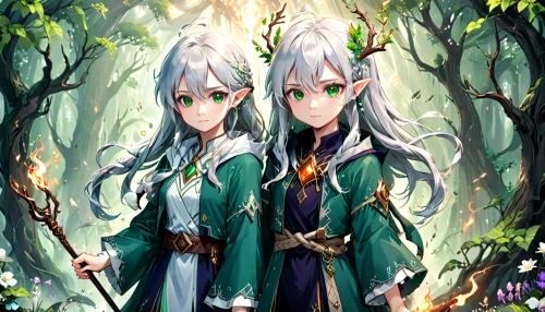 elven forest,elves,elven,two oaks,hanging elves,forest background,lilies of the valley,fairies,druids,lilly of the valley,monsoon banner,fairy forest,duo,elven flower,druid grove,lily of the field,twin flowers,forest workers,water-the sword lily,holy forest,Anime,Anime,General