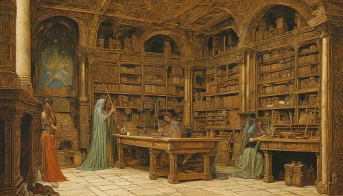 celsus library,reading room,bookshelves,librarian,scholar,library,old library,children studying,library book,study room,bookcase,cabinetry,bookstore,bookshop,louvre,the annunciation,parchment,cabinets,renaissance,pharmacy,Illustration,Retro,Retro 01