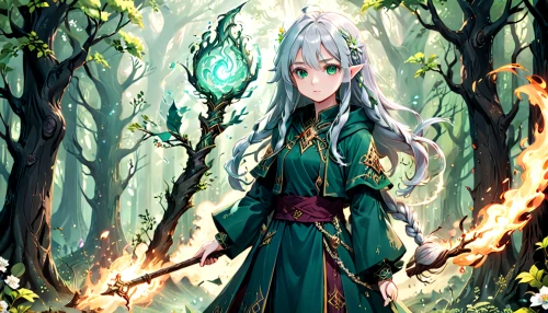 elven,elven forest,fire poker flower,summoner,sorceress,the enchantress,fae,druid,dryad,forest background,sword lily,water-the sword lily,flame spirit,fire background,forest dragon,anahata,mage,rusalka,priestess,magic grimoire,Anime,Anime,General