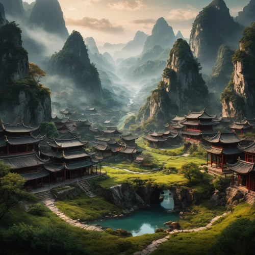 fantasy landscape,guilin,chinese architecture,chinese temple,yunnan,guizhou,world digital painting,ancient city,mountainous landscape,chinese art,wuyi,asian architecture,mountain settlement,tigers nest,mountain landscape,landscape background,chinese background,mountain village,huangshan maofeng,huashan,Photography,General,Fantasy