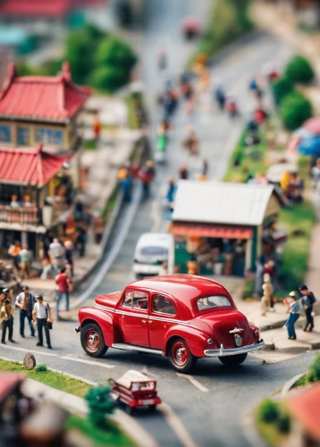 tilt shift,miniature cars,tin toys,miniature figures,vintage toys,toy photos,model cars,toy cars,matchbox car,model railway,vintage cars,street scene,flea market,retro automobile,radio-controlled toy,diecast,model train,red vintage car,vintage vehicle,toy car,Unique,3D,Panoramic