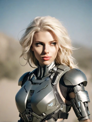female warrior,breastplate,knight armor,armour,silver,heavy armour,metal implants,armored,armor,fantasy woman,military robot,war machine,head woman,blonde woman,iron,steel,cyborg,warrior woman,cuirass,strong woman