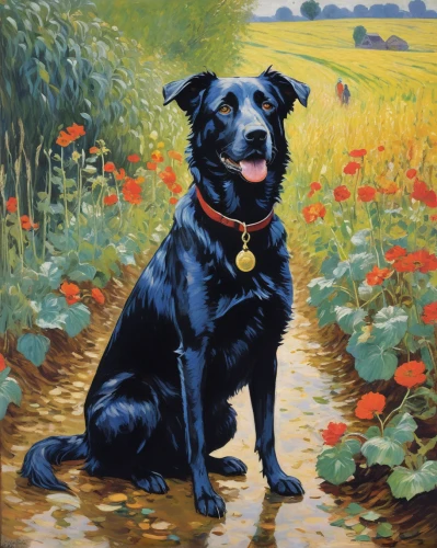 flat-coated retriever,patterdale terrier,black shepherd,labrador retriever,lancashire heeler,schipperke,labrador,pont-audemer spaniel,beauceron,australian cattle dog,black german shepherd,poppy fields,piasecki hup retriever,field of poppies,black and tan terrier,border collie,field spaniel,poppy field,rottweiler,floral poppy,Art,Artistic Painting,Artistic Painting 04