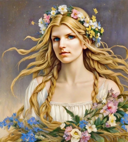 jessamine,girl in flowers,beautiful girl with flowers,girl in a wreath,flower fairy,rapunzel,eglantine,celtic woman,fantasy portrait,faery,faerie,emile vernon,blooming wreath,fairy queen,mystical portrait of a girl,wreath of flowers,spring crown,floral wreath,elven flower,portrait of a girl
