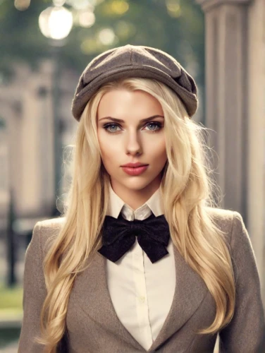 bowler hat,blond girl,bow tie,bow-tie,hatter,bowtie,beret,trilby,blonde woman,vintage girl,blonde girl,flat cap,warbler,cool blonde,vintage woman,doll's facial features,businesswoman,girl wearing hat,fashion doll,victorian style