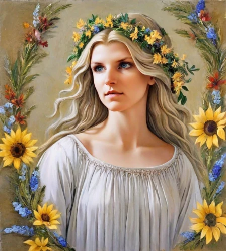 jessamine,girl in flowers,flower crown of christ,beautiful girl with flowers,girl in a wreath,marguerite,blooming wreath,wreath of flowers,sun flowers,oil painting on canvas,flower art,floral wreath,flower wreath,flower painting,flower girl,flower crown,golden wreath,oil painting,laurel wreath,flora