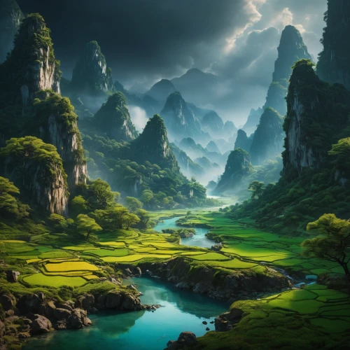 fantasy landscape,mountainous landscape,karst landscape,landscape background,mountain landscape,green landscape,guizhou,beautiful landscape,guilin,nature landscape,mountainous landforms,futuristic landscape,fantasy picture,mountain scene,river landscape,mountain valleys,world digital painting,high landscape,yunnan,mountain pasture,Photography,General,Fantasy