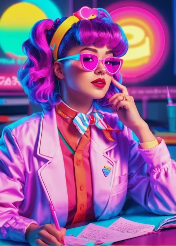 retro girl,retro woman,librarian,neon human resources,retro women,80s,girl at the computer,retro diner,neon candies,neon coffee,cyber glasses,retro look,retro styled,girl studying,retro background,80's design,neon cocktails,neon tea,female doctor,cyberpunk,Conceptual Art,Sci-Fi,Sci-Fi 28