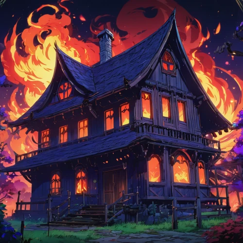 witch's house,witch house,burning house,the haunted house,haunted house,halloween background,halloween wallpaper,crispy house,devilwood,house fire,fire background,halloween scene,ancient house,lonely house,the house,wooden house,house,house in the forest,victorian house,ghost castle,Illustration,Japanese style,Japanese Style 03