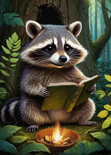 north american raccoon,rocket raccoon,reading owl,relaxing reading,raccoon,read a book,reading,magic book,raccoons,bookworm,child with a book,book illustration,little girl reading,scholar,childrens books,coatimundi,reading magnifying glass,anthropomorphized animals,mustelid,reader,Illustration,Children,Children 02