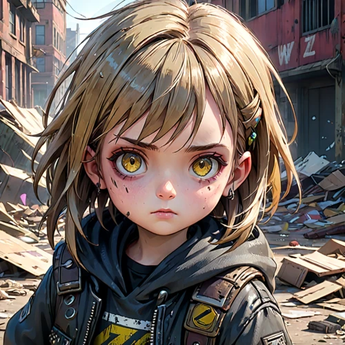 nico,vector girl,meteora,pupils,child girl,gunkanjima,portrait background,gold eyes,harajuku,pupil,anime girl,violet evergarden,nora,post apocalyptic,toori,cyberpunk,scrapyard,unhappy child,kayano,wasteland,Anime,Anime,General