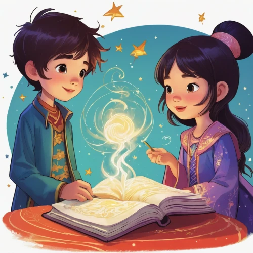 magic book,spell,wishes,magical adventure,magical,fireflies,sparklers,children studying,kids illustration,little boy and girl,readers,moon and star,magic grimoire,fairy tale,wizards,fortune telling,spark,fairytales,fairy tales,the moon and the stars,Illustration,Japanese style,Japanese Style 21