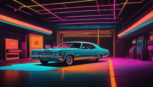 3d car wallpaper,retro background,80s,80's design,retro car,garage,datsun 510,audi 80,retro vehicle,neon lights,electric gas station,retro automobile,retro styled,neon coffee,ufo interior,automotive lighting,neon light,abstract retro,toyota ae85,neon,Illustration,American Style,American Style 12