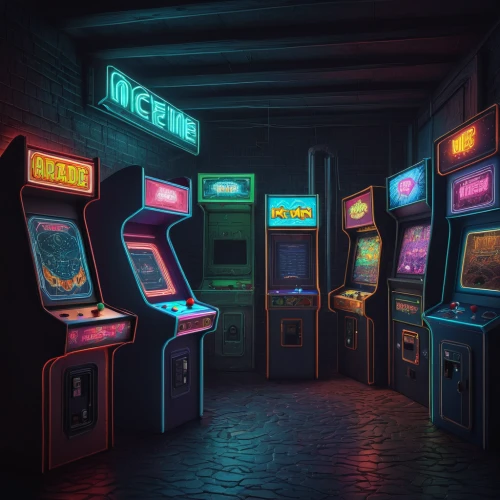 arcade,arcades,arcade games,arcade game,game room,retro background,slot machines,80s,neon lights,neon light,retro styled,retro,neon ghosts,neon arrows,neon coffee,neon drinks,slot machine,jukebox,nostalgic,video game arcade cabinet,Illustration,Realistic Fantasy,Realistic Fantasy 17