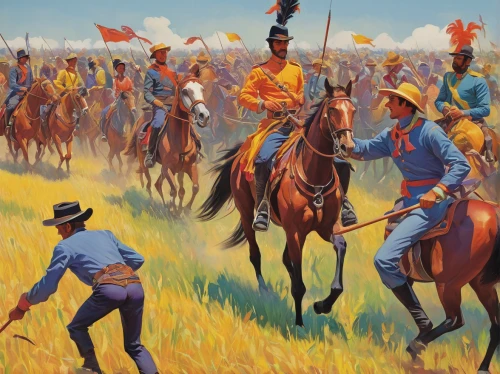 tent pegging,cavalry,khokhloma painting,cossacks,hunting scene,western riding,chilean rodeo,inner mongolia,buzkashi,kurai steppe,the order of the fields,charreada,may day,field of cereals,game illustration,gaucho,don quixote,pilgrims,cowboy mounted shooting,amarillo,Illustration,Retro,Retro 14