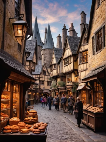 medieval street,hogwarts,the cobbled streets,medieval town,colmar,stalls,disney world,medieval market,medieval architecture,mont st michel,hamelin,colmar city,half-timbered houses,disneyland paris,old town,thun,wand,wizardry,walt disney world,rothenburg,Illustration,Paper based,Paper Based 10