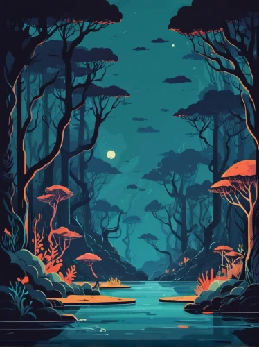 swampy landscape,mushroom landscape,lagoon,swamp,alligator alley,cartoon forest,haunted forest,mushroom island,bayou,alien world,fantasy landscape,monkey island,halloween background,night scene,an island far away landscape,forests,the forests,koi pond,wetland,evening lake,Illustration,Japanese style,Japanese Style 06