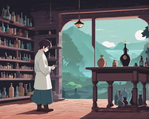 apothecary,pharmacy,chemist,pharmacist,potions,sci fiction illustration,laboratory,shopkeeper,bookstore,reagents,bookshop,in the pharmaceutical,researcher,theoretician physician,watercolor shops,chemical laboratory,book store,medicinal materials,watercolor tea shop,bookshelves,Illustration,Japanese style,Japanese Style 06