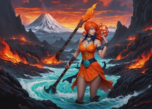 nami,fire siren,fire and water,fire background,pillar of fire,flame spirit,fire angel,firedancer,flame of fire,fiery,lava river,fire poker flower,lava,firethorn,torch-bearer,fire mountain,burning torch,lake of fire,merfolk,magma,Illustration,Realistic Fantasy,Realistic Fantasy 25