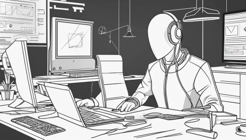 office line art,man with a computer,freelancer,working space,in a working environment,girl at the computer,freelance,workspace,office worker,night administrator,work space,animator,white-collar worker,computer addiction,workplace,workaholic,computer,work desk,workstation,work from home,Illustration,Black and White,Black and White 04