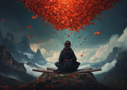 red lantern,way of the roses,meditation,red sun,sacred lotus,fantasy picture,buddhist monk,meditate,monk,fallen petals,theravada buddhism,world digital painting,somtum,root chakra,vipassana,mantra om,red petals,the wanderer,autumn background,equilibrium,Conceptual Art,Daily,Daily 11